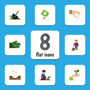 Düz simgesi ekmek kümesi toprak, eldiven, bakım ve diğer vektör nesneleri. Ayrıca toprak, ekmek, çiftçi unsurları içerir.