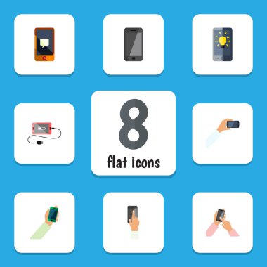 Ekran, akümülatör, dokunmatik ekran ve diğer vektör nesnelerini düz simge telefon seti. Akümülatör, parlaklık, ileti öğeleri de içerir.