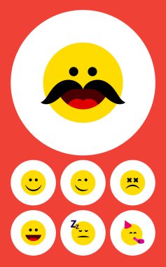 Düz simgesi yüz kümesi neşeli, neşe, kahkaha ve diğer vektör nesneleri. Aynı zamanda eğlenceli, uykuda, gülümseme öğeleri içerir.