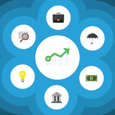 Düz simgesi gelen portföy, Bubl, banka ve diğer vektör nesnelerini ayarlayın. Ayrıca banka, diyagramı, şemsiyesi öğeleri içerir.