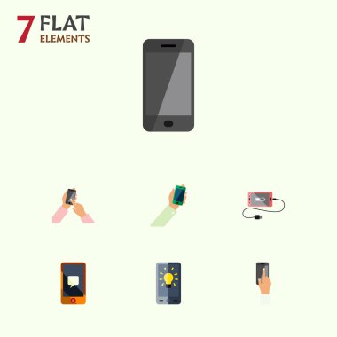 Düz simge dokunmatik ekran seti sohbet, akümülatör, ekran ve diğer vektör nesnelerine. Ayrıca akıllı telefon, ekran, akümülatör elemanları içerir.