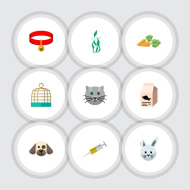 Düz hayvan Icon Set yosun, Balık besin, Kitty ve diğer vektör nesneleri. Ayrıca tesis, hapishane, Bunny öğeleri içerir.