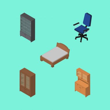 İzometrik tasarım büfe, dolap, dolap ve diğer vektör nesnelerini ayarlayın. Ayrıca mobilya, karyola, sandalye parçaları içerir.