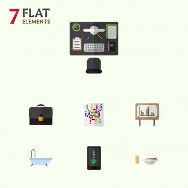 Düz simgesi hayat Bürosu, Öğle Yemeği, yönlendirici ve diğer vektör nesnelerini ayarlayın. Ayrıca beyaz tahta, sunum, el çantası öğeleri içerir.