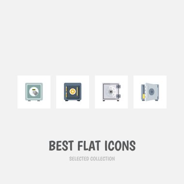 Düz simgesi kasa güvenlik, paralar, kaydetme ve diğer vektör nesneleri kümesi. Ayrıca kaydetme, güvenli, bankacılık öğeleri içerir.