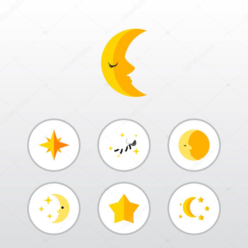 Flat Icon Night Set Of Asterisk, Bedtime, Starlet And Other Vector Objects. Also Includes Asterisk, Moon, Nighttime Elements.