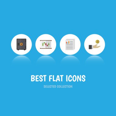 Düz simgesi kazanç kasa, el ile para, diyagramı vektör nesneleri kümesi. Ayrıca dosya, grafik, para öğeleri içerir.