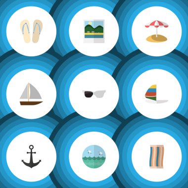 Düz simgesi Sezon dizi sörf, şemsiye, yat ve diğer vektör nesneleri. Ayrıca Beach, anımsatıcıları, bez öğeleri içerir.