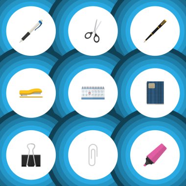 Düz simge Kırtasiye ataş, kesme makineleri, Marker ve diğer vektör nesnelerini ayarlayın. Ayrıca Almanak'ı, makas, yazma unsurları içerir.