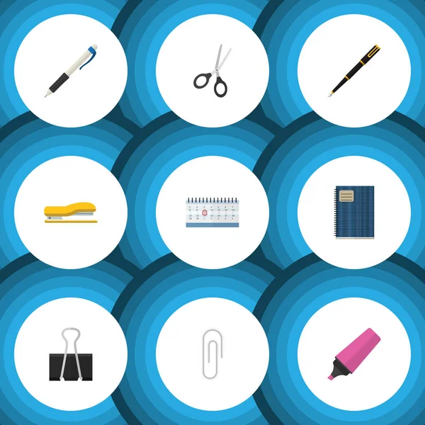 Düz simge Kırtasiye ataş, kesme makineleri, Marker ve diğer vektör nesnelerini ayarlayın. Ayrıca Almanak'ı, makas, yazma unsurları içerir.