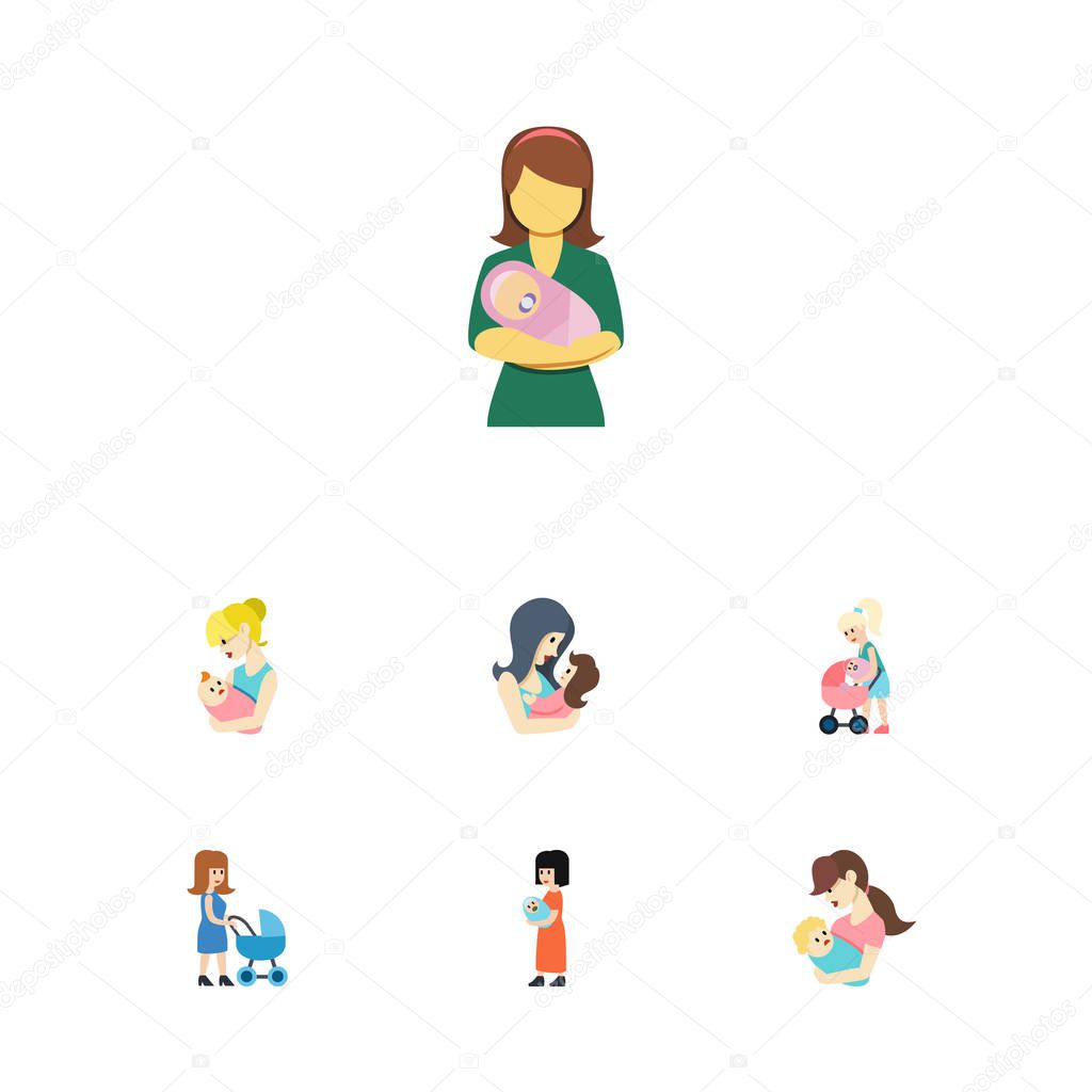 Flat Icon Mam Set Of Perambulator, Newborn Baby, Baby And Other Vector Objects. Also Includes Kid, Newborn, Child Elements.