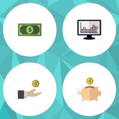 Düz simgesi gelen el madeni para, grafik, para kutusunu vektör nesneleri ile ayarlayın. Ayrıca kutusu, grafik, para öğeleri içerir.