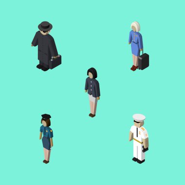 Hostes, Dedektif, kız ve diğer vektör nesnelerini izometrik insan kümesi. Dedektif, kız, Mariner öğeleri de içerir.