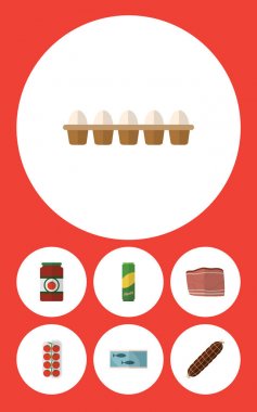 Yumurta kabuğu kutusu, tütsülenmiş sosis, domates ve diğer vektör nesneleri kümesi yemek düz simgesi. Aynı zamanda aşk, makarna, domates unsurları içerir.