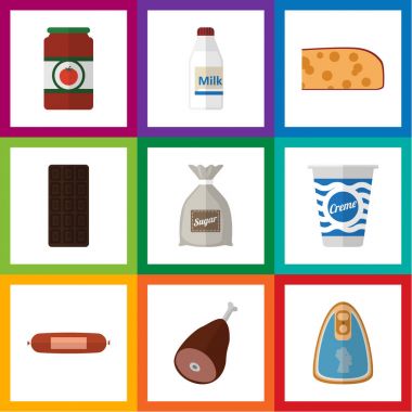 Düz simgesi çuval, konserve tavuk, şişe ve diğer vektör nesneleri kümesi yeme. Ayrıca tavuk, Kahvaltı, şeker unsurları içerir.