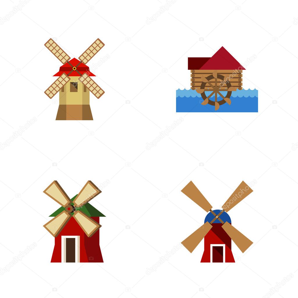 Flat Icon Mill Set Of Watermill, Turbine, Rural And Other Vector Objects. Also Includes Wind, Mill, Watermill Elements.