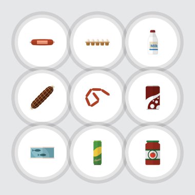 Spagetti, Kielbasa, yumurta kabuğu kutusu ve diğer vektör nesnelerini düz simge yemek seti. Ayrıca Tuna, sos, Kahvaltı öğeleri içerir.