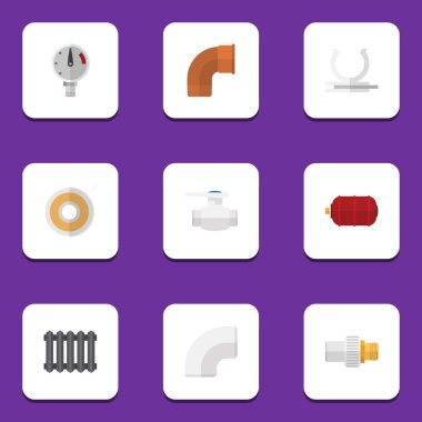 Isıtıcı, basınç, boru ve diğer vektör nesnelerini düz simgesi sıhhi kümesi. Ayrıca plastik, ölçek, su unsurları içerir.