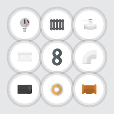 Düz simgesi sıhhi tesisat kümesi rulo, ısıtıcı, boru ve diğer vektör nesneleri. Ayrıca boru, Vana, boru unsurları içerir.