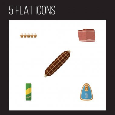 Yumurta kabuğu kutusu, tütsülenmiş sosis, sığır eti ve diğer vektör nesneleri kümesi yemek düz simgesi. Ayrıca içerir füme, kutusu, Bratwurst öğeleri.