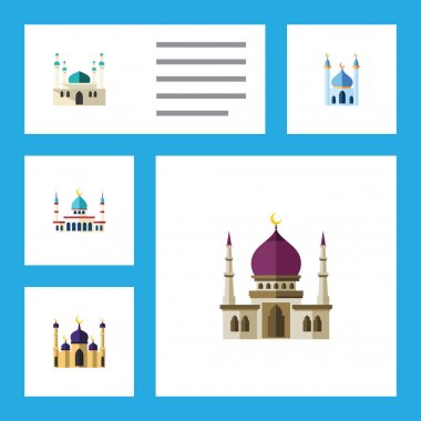 Islam, mimari, yapısı ve diğer vektör nesnelerini düz simge Minare seti. Ayrıca Islam, Müslümanlık, cami öğeleri içerir.