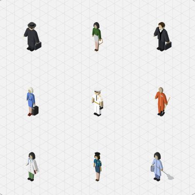 Hizmetçi, pedagog, süpürge ve diğer vektör nesneleri izometrik insan kümesi. Ayrıca Builder, süpürge, işçi öğeleri içerir.