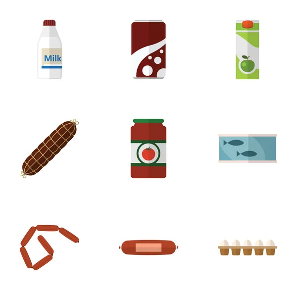 Platte maaltijd pictogrammenset van fles, koolzuurhoudende drank, Kielbasa en andere vectorobjecten. Omvat ook SAP, tomaten, melk elementen. — Stockvector
