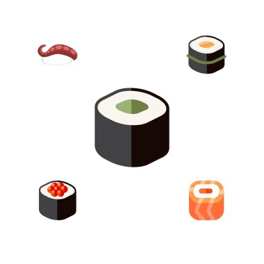 Düz Icon Sushi Set Japon yemekleri, Sashimi, somon rulo ve diğer vektör nesneleri. Ayrıca içerir deniz ürünleri, gıda, rulo öğeleri.
