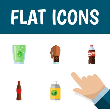 Soda, meyve suyu, şişe ve diğer vektör nesnelerini düz simge içki seti. Aynı zamanda şişe, içki, limonata unsurları içerir.