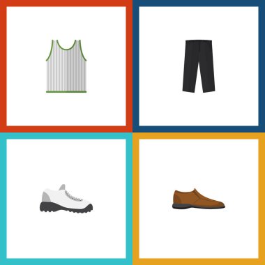 Düz simgesi elbise spor ayakkabı, Singlet, pantolon ve diğer vektör nesneleri kümesi. Ayrıca tozluk, kolsuz, Footware öğeler içerir.