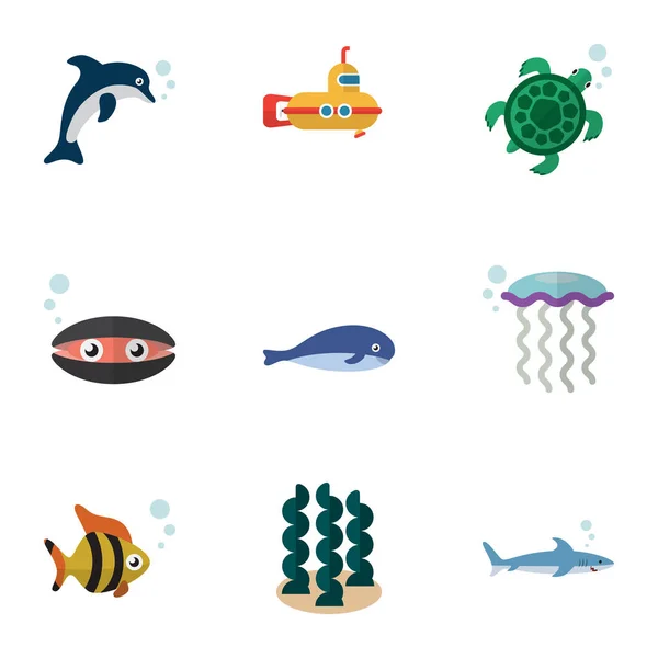 Ensemble plat icône mer du Cachalot, requin, périscope et autres objets vectoriels. Inclut également le thon, les dauphins, les éléments de requin. — Image vectorielle