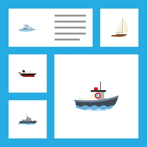 Düz simgesi gemi kümesi gemi, tekne, taşıma ve diğer vektör nesneleri. Ayrıca kargo, taşıma, gemi öğeleri içerir. — Stok Vektör