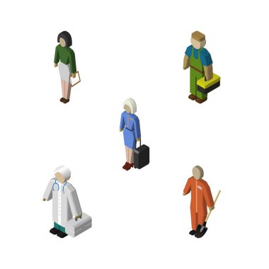 İzometrik kişi süpürge, pedagog, hostes ve diğer vektör nesneleri kümesi. Ayrıca işçi, eğitimci, Oluşturucu öğeleri içerir.