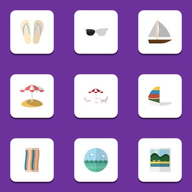 Düz simgesi Sezon dizi şemsiye, okyanus, gözlük ve diğer vektör nesneleri. Ayrıca sandalet, bez, güneş gözlüğü öğeleri içerir.