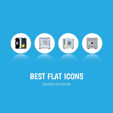 Düz simgesi kasa kümesi kilitli, kasa, banka ve diğer vektör nesneleri. Ayrıca içerir kaydetme, bankacılık, koruma elemanları.