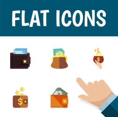 Para birimi, cüzdan, faturaları ve diğer vektör nesnelerini düz simge cüzdan seti. Ayrıca kaydetme, çanta, cüzdan öğeleri içerir.