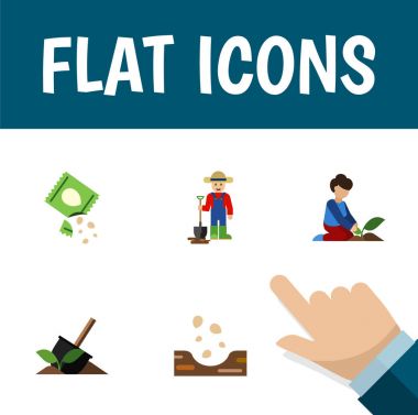 Düz simgesi bitki paket, toprak, adam ve diğer vektör nesneleri kümesi. Ayrıca toprak, kürek, kadın unsurları içerir.