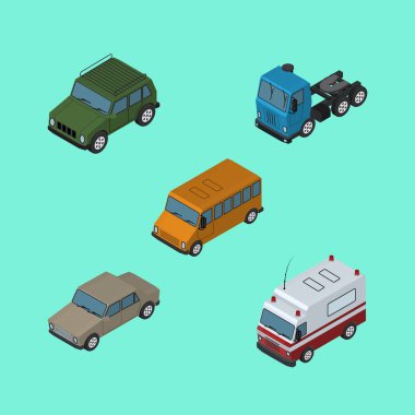 İzometrik araç kümesi, kamyon, ilk yardım ve diğer vektör nesneleri zırhlı. Ayrıca Motor, otobüs, kamyon unsurları içerir.