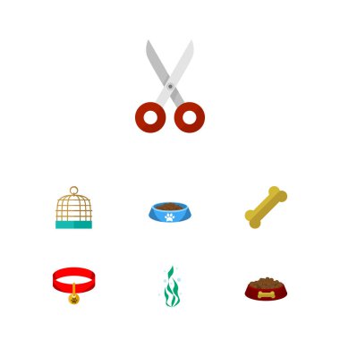 Düz simgesi evcil hayvan kedi yemek ve diğer vektör nesneleri Kitty Yakası, kemik, ayarlayın. Aynı zamanda su, yaka, hapishane unsurları içerir.