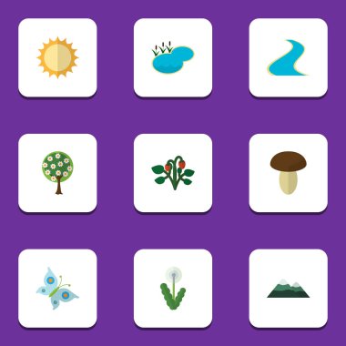 Düz simgesi ekoloji kümesi çiçek, Champignon, ağaç ve diğer vektör nesneleri. Ayrıca güneş, içerir karahindiba, kelebek öğeleri.