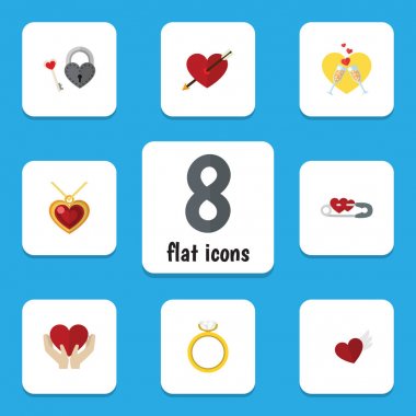 Düz simge aşk seti, bağlılık, sevgi, kanat ve diğer vektör nesnelerini kaydedin. Ok, şampanya, anahtar öğeleri de içerir.