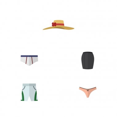 Düz simge kıyafetleri şık şapkalar, şık giyim, mayo kumaş ve diğer vektör nesnelerini ayarlayın. Kumaş, çamaşır grupları, şort öğeleri de içerir.