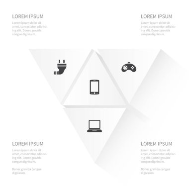 Simge elektronik tel, dokunmatik ekran, video oyunu ve diğer vektör nesneleri kümesi. Ayrıca tel, cep telefonu, kordon elemanları içerir.