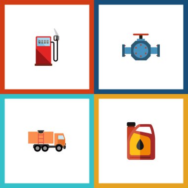Düz simgesi petrol bidon, flanş, Van ve diğer vektör nesneleri kümesi. Kamyon, kamyon, Van öğeleri de içerir.