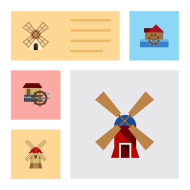 Düz simgesi Mill Watermill, yel değirmeni, tekerlek ve diğer vektör nesnelerini ayarlayın. Ayrıca yel değirmeni, çiftlik, Rüzgar öğeleri içerir.