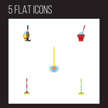 Süpürge sopası, ekipman, kova ve diğer vektör nesnelerini düz simge paspas seti. Süpürge sopası, süpürge, paspas öğeleri de içerir.