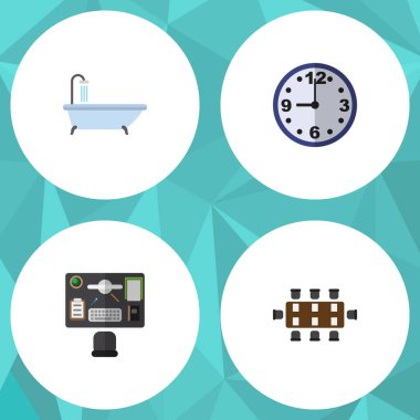 Düz simgesi Oneday kümesi küvet, Toplantı odası, Büro ve diğer vektör nesneleri. Ayrıca konferans, Danışma, tablo öğeleri içerir.