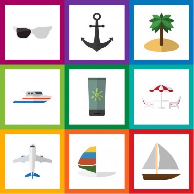 Düz simgesi Beach yat, Hindistan cevizi, gözlük ve diğer vektör nesneleri kümesi. Ayrıca gözlük, RECLINER, deniz unsurları içerir.