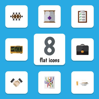 Düz simgesi yaşam tarzı çanta, yönlendirici, öğle yemeği ve diğer vektör nesnelerini ayarlayın. Ayrıca öğeleri tebrik tablosu, evrak çantası, içerir.