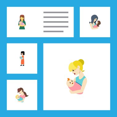 Düz simgesi anne çocuk, yeni doğan bebek, kadın ve diğer vektör nesneleri kümesi. Ayrıca alt, üst, anne öğeleri içerir.